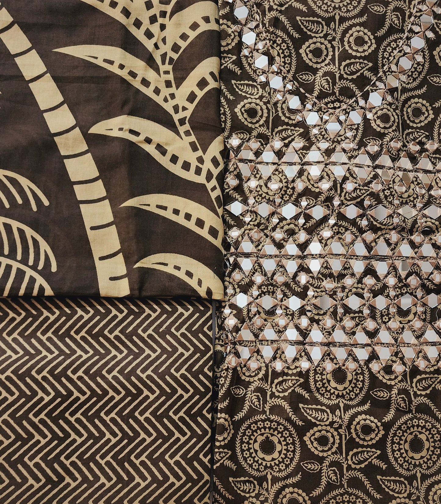 Brown Mirror Work Cotton Printed Kurta Set With Mul Cotton Dupatta & Printed Cotton Bottom
