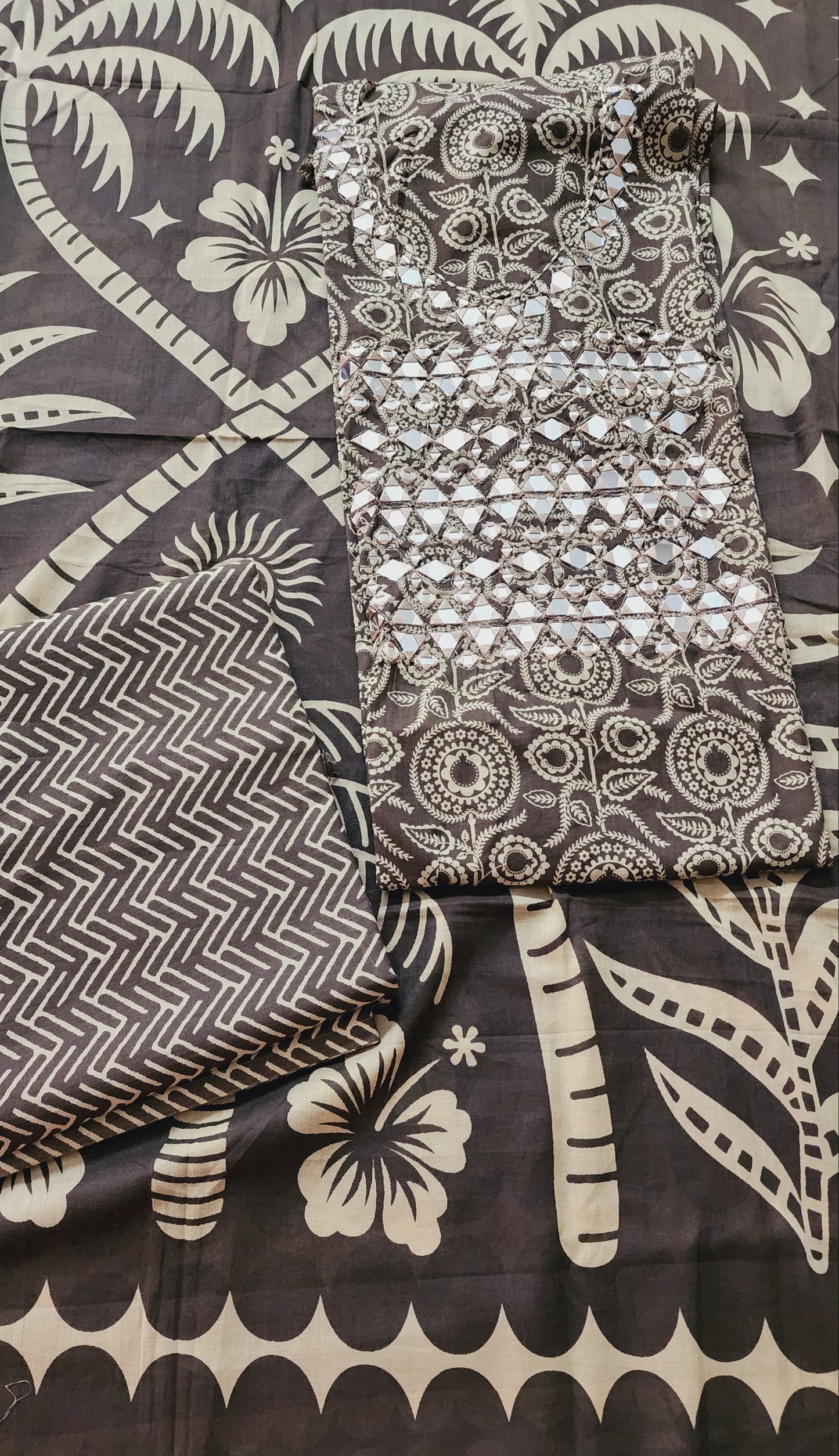 Brown Mirror Work Cotton Printed Kurta Set With Mul Cotton Dupatta & Printed Cotton Bottom