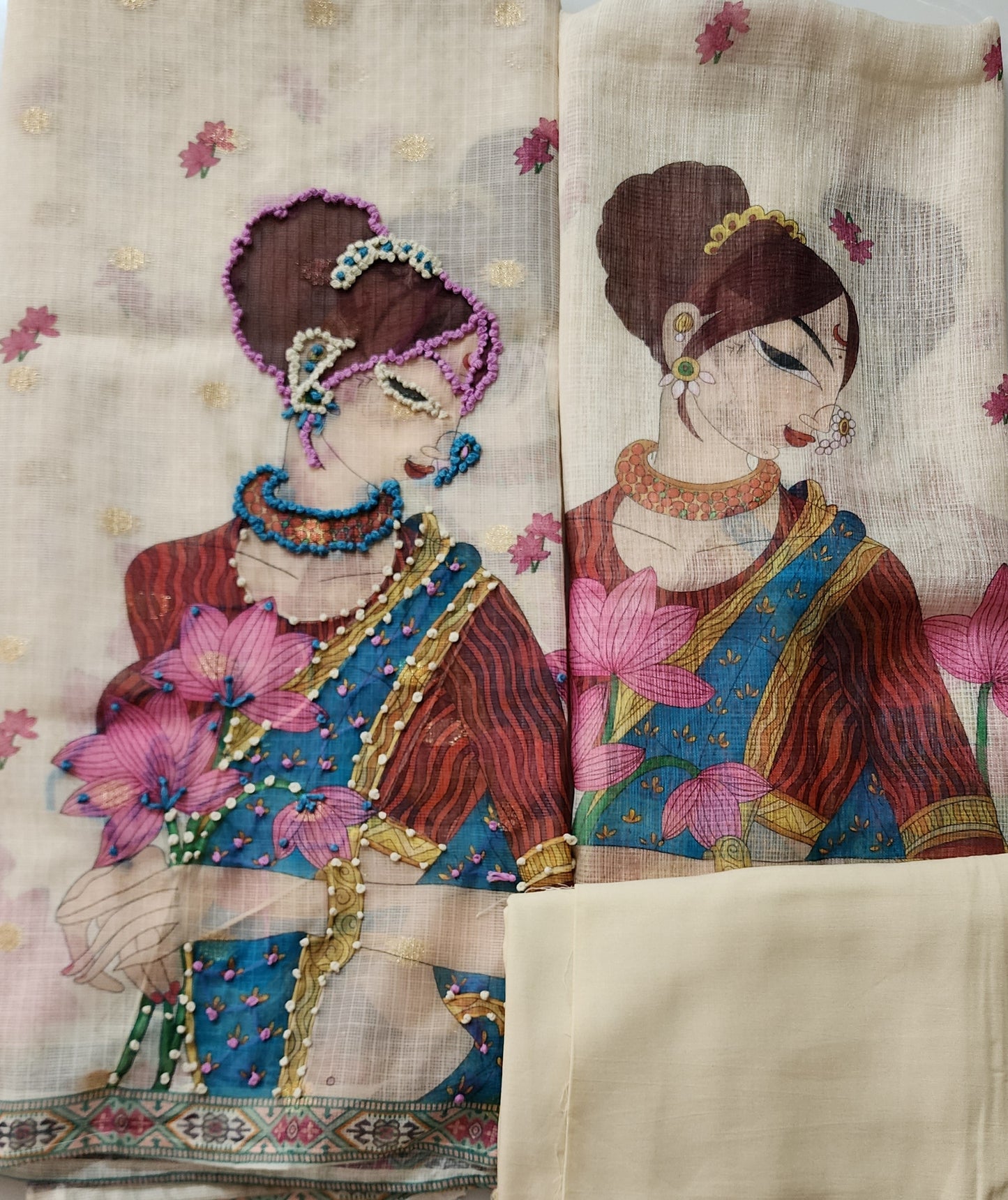 Beige Ivory Kota Suit With Lady Figure & Lotus Flowers, Knot Embroidery Kurta, Figure Print Dupatta & Solid Cotton Bottom
