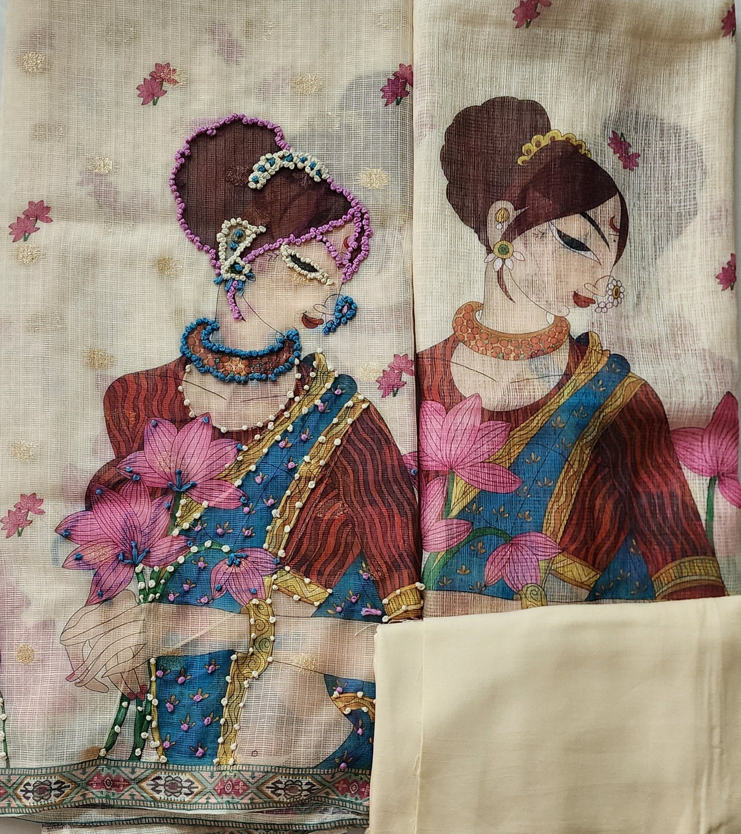 Beige Ivory Kota Suit With Lady Figure & Lotus Flowers, Knot Embroidery Kurta, Figure Print Dupatta & Solid Cotton Bottom