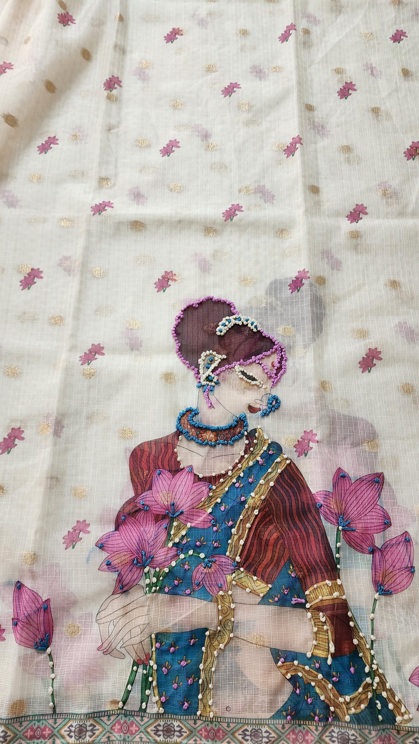 Beige Ivory Kota Suit With Lady Figure & Lotus Flowers, Knot Embroidery Kurta, Figure Print Dupatta & Solid Cotton Bottom