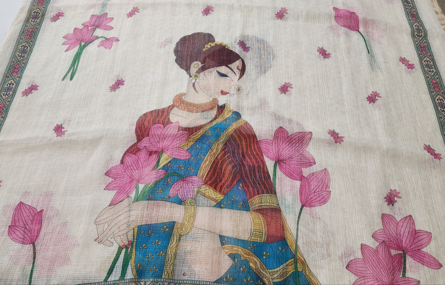 Beige Ivory Kota Suit With Lady Figure & Lotus Flowers, Knot Embroidery Kurta, Figure Print Dupatta & Solid Cotton Bottom