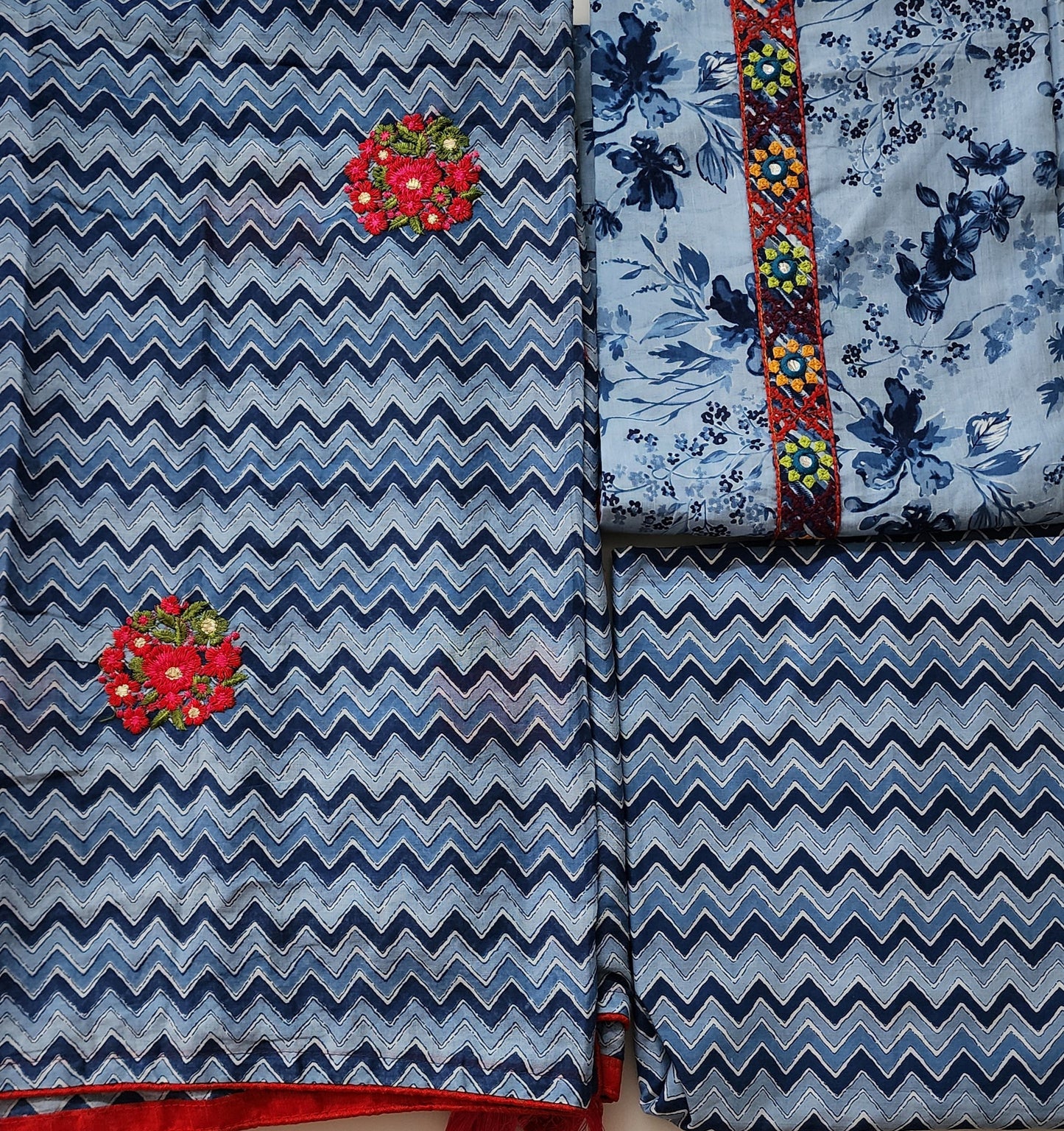Blue Cotton Embroidered Printed Kurta Set