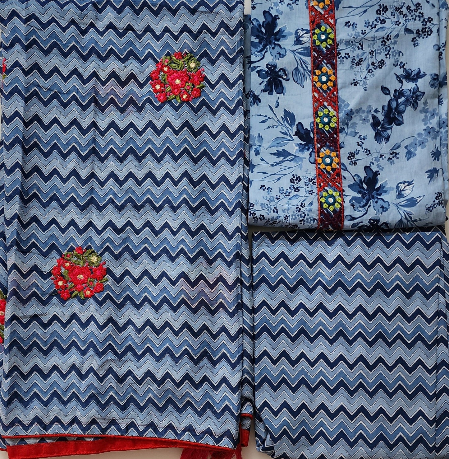Blue Cotton Embroidered Printed Kurta Set