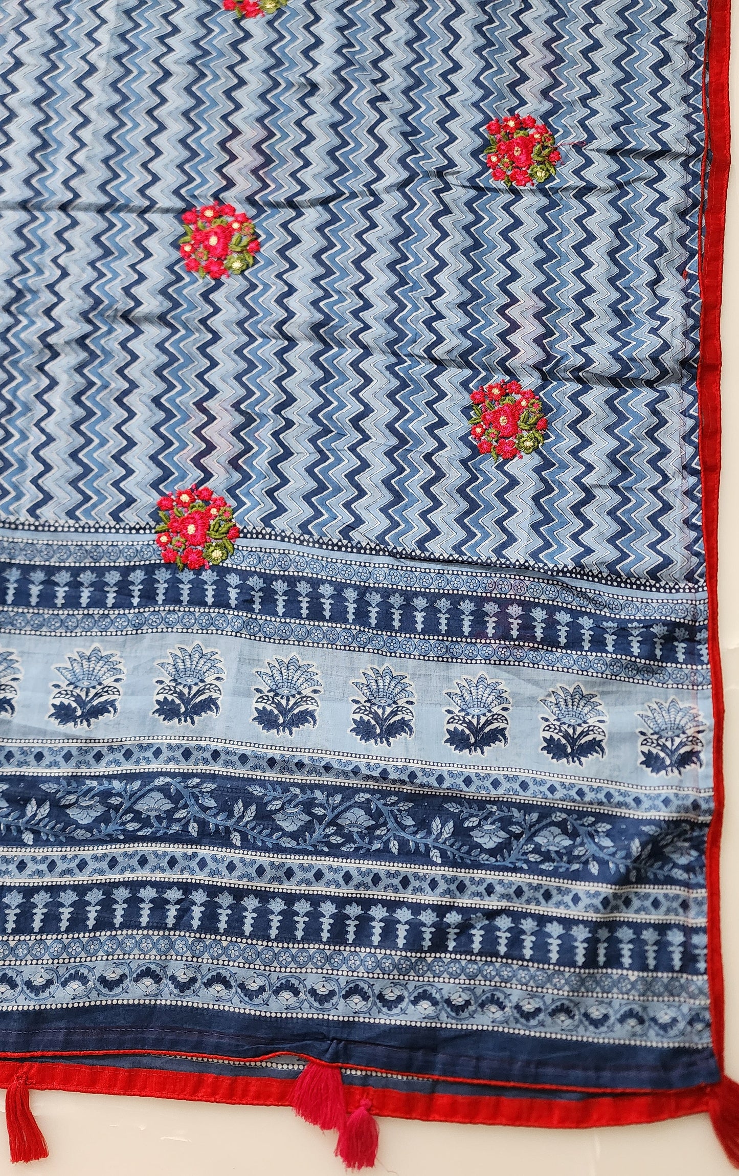 Blue Cotton Embroidered Printed Kurta Set