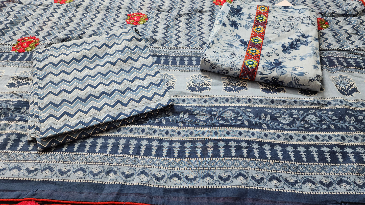 Blue Cotton Embroidered Printed Kurta Set