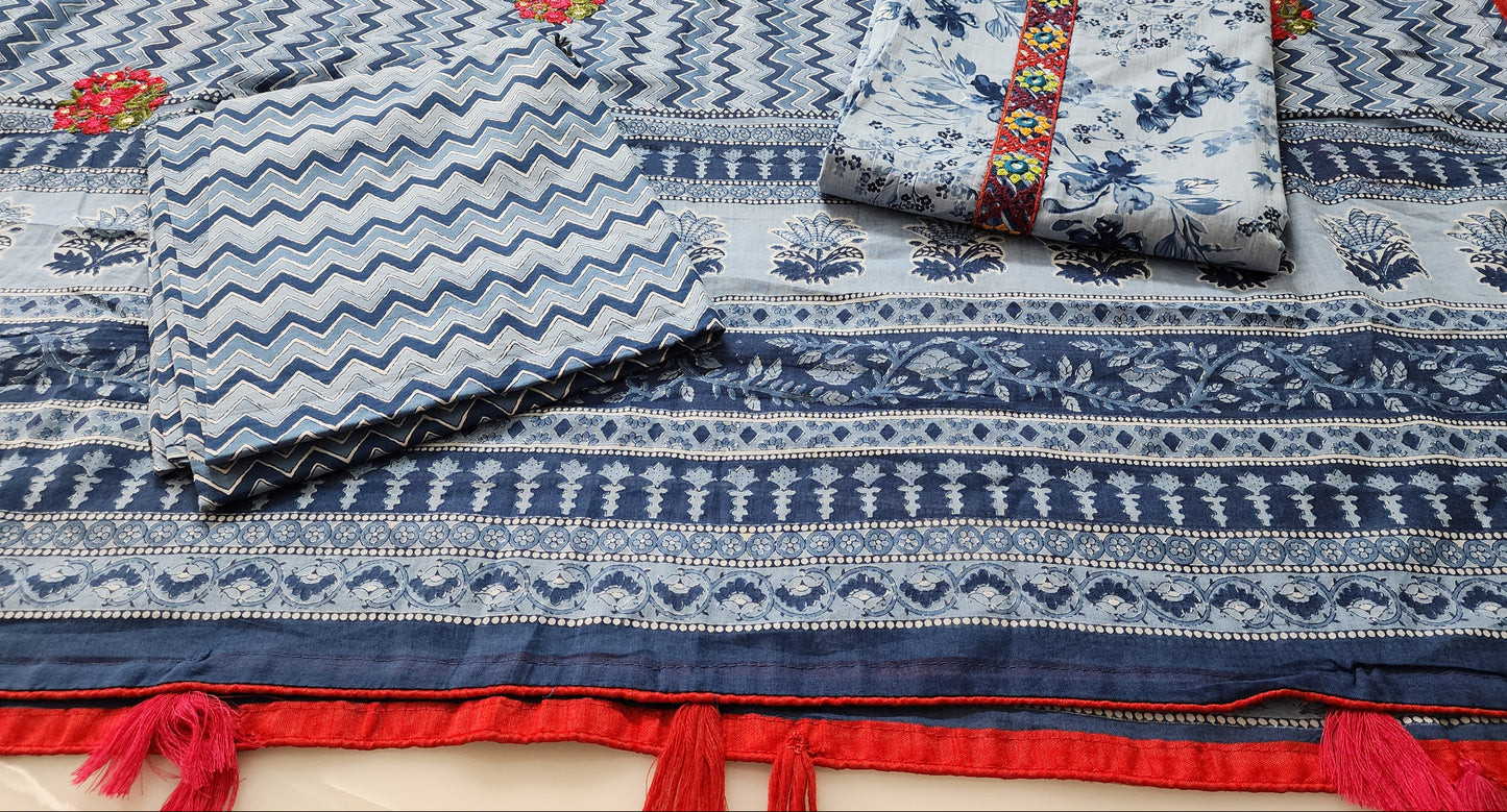 Blue Cotton Embroidered Printed Kurta Set