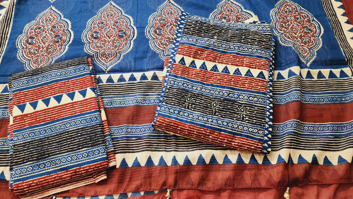 Teal Blue & Rust Handblocked Cotton Embroidered Kurta Set With Mul Cotton Dupatta