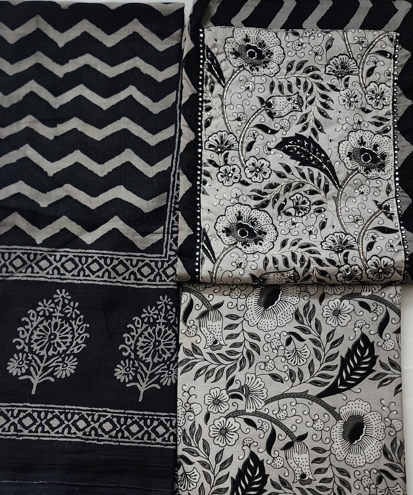Black & Grey Cotton Printed Kurta With Embroidered Yoke And Mul Cotton Dupatta