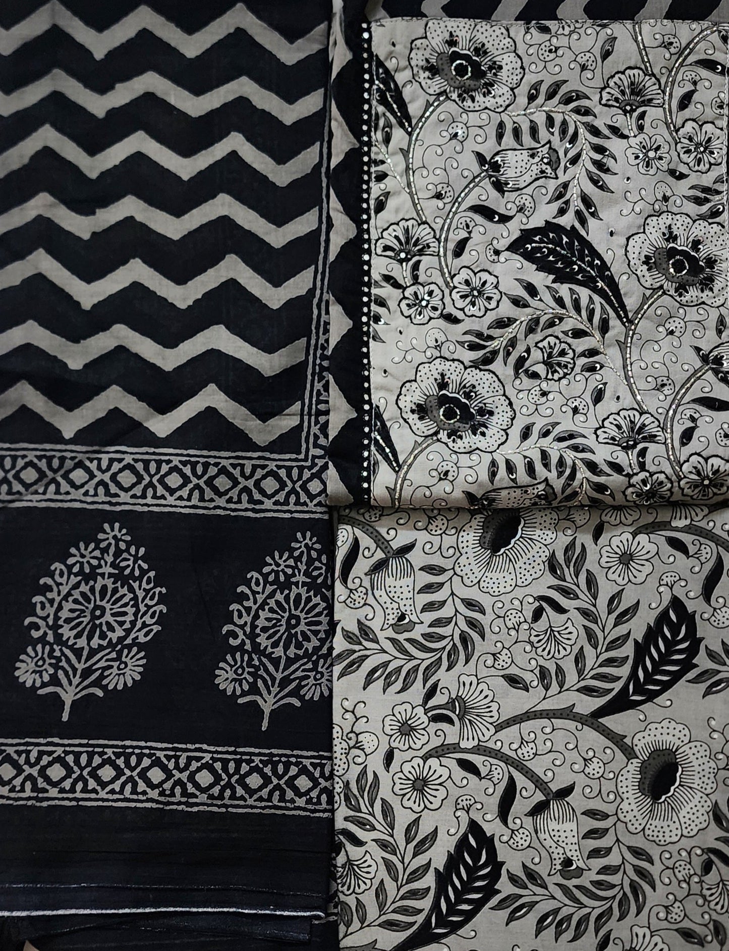 Black & Grey Cotton Printed Kurta With Embroidered Yoke And Mul Cotton Dupatta