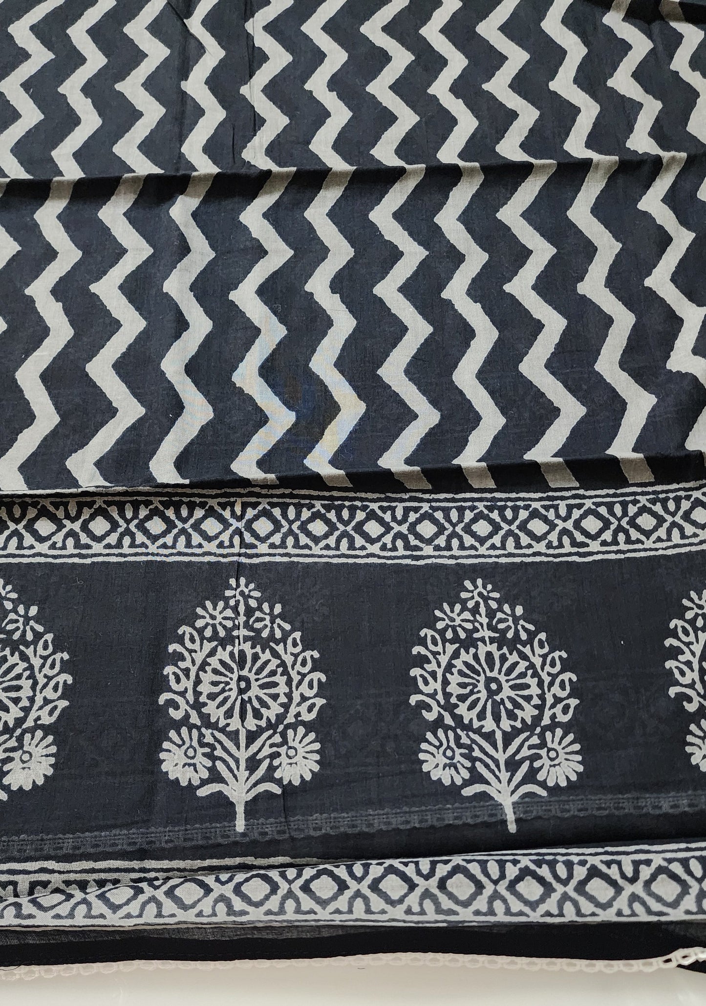 Black & Grey Cotton Printed Kurta With Embroidered Yoke And Mul Cotton Dupatta