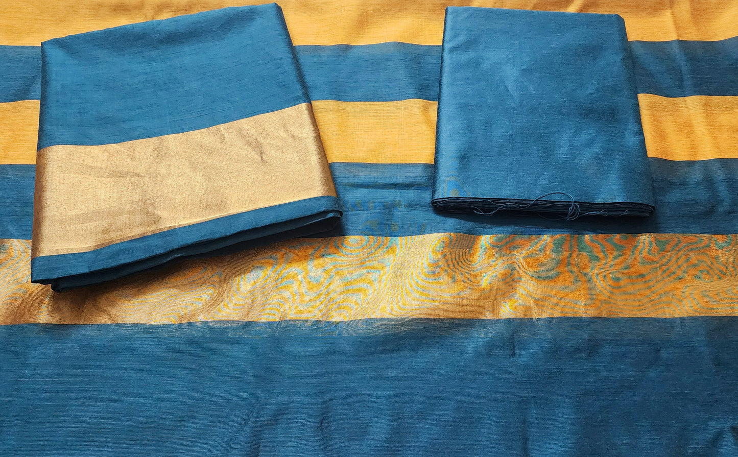 Teal & Mustard Yellow Chanderi Cotton Kurta Set With Golden Zari Border