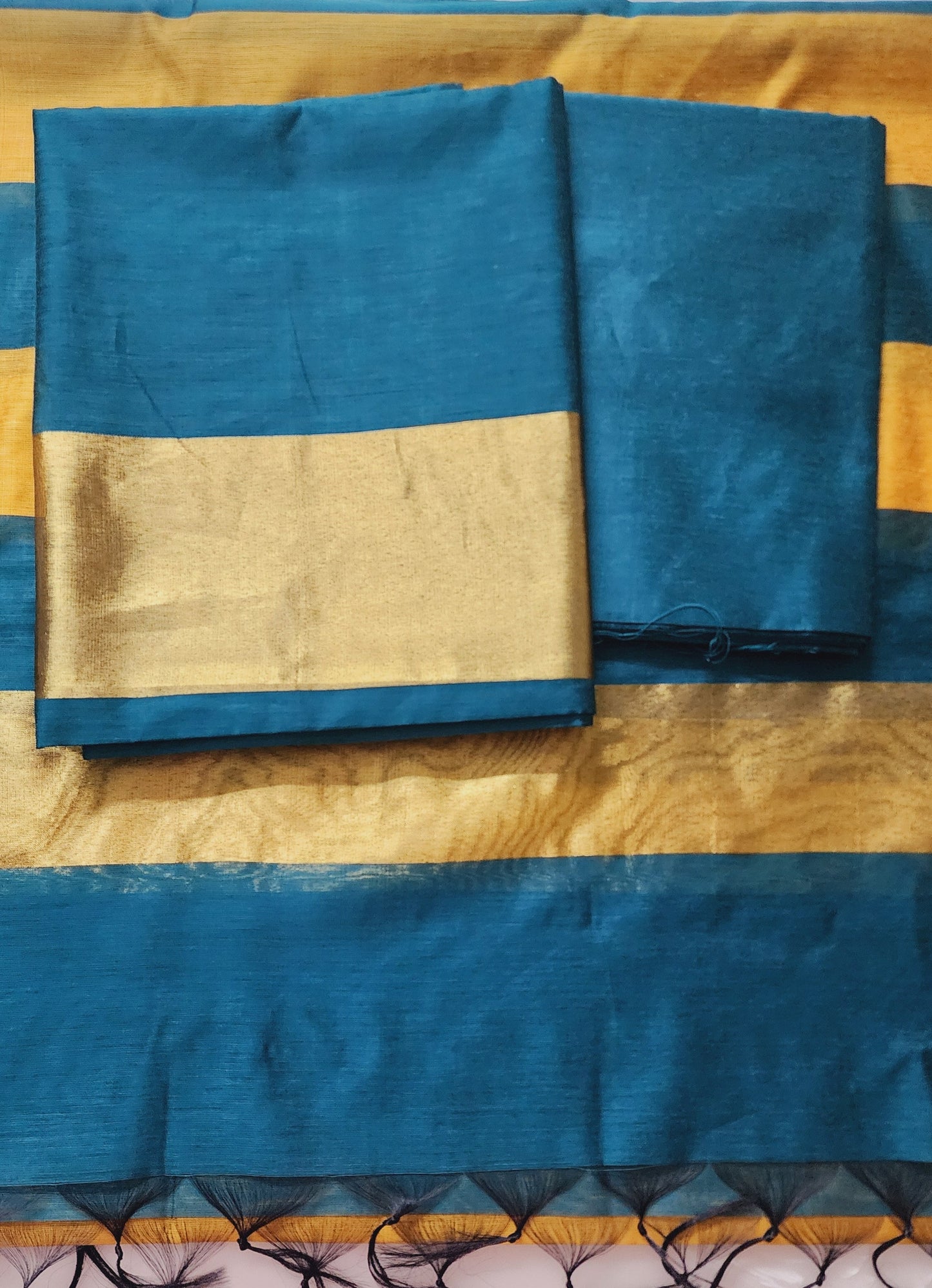 Teal & Mustard Yellow Chanderi Cotton Kurta Set With Golden Zari Border
