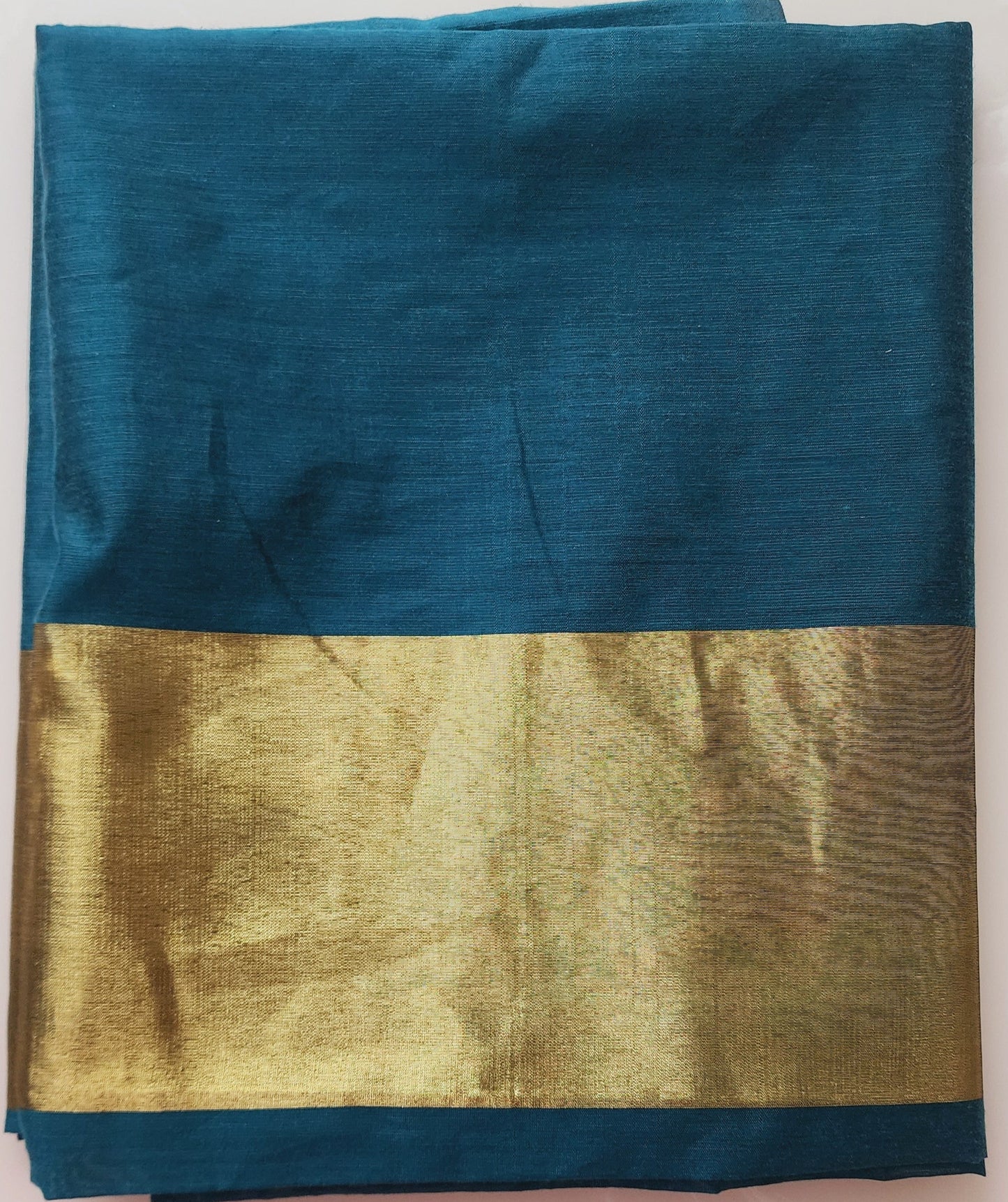 Teal & Mustard Yellow Chanderi Cotton Kurta Set With Golden Zari Border