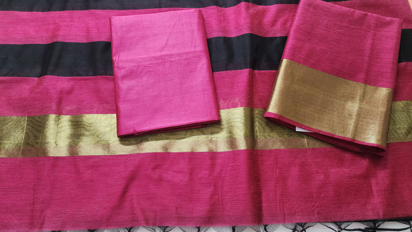 Dark Pink & Black Chanderi Cotton Kurta Set With Golden Zari Border