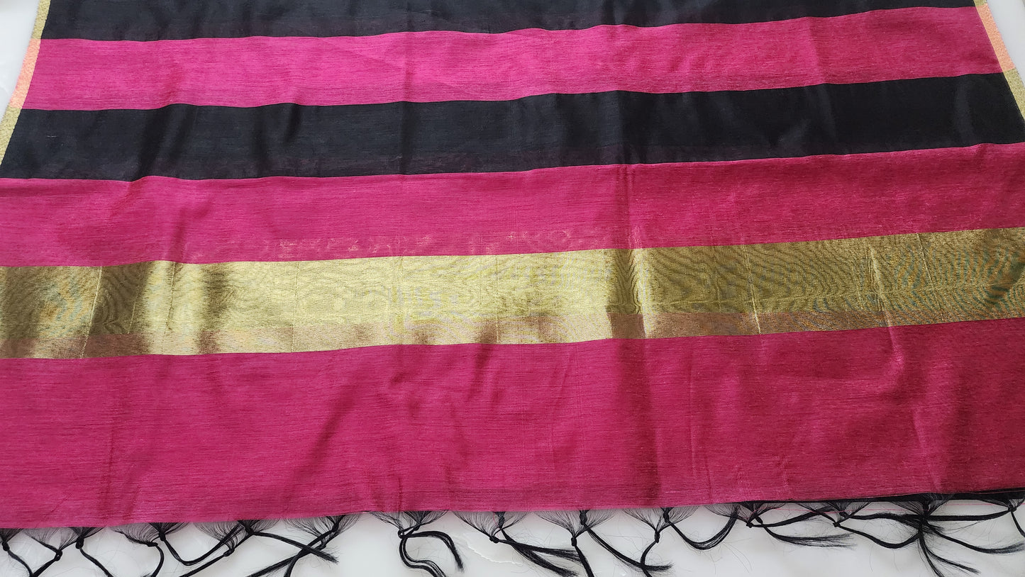 Dark Pink & Black Chanderi Cotton Kurta Set With Golden Zari Border