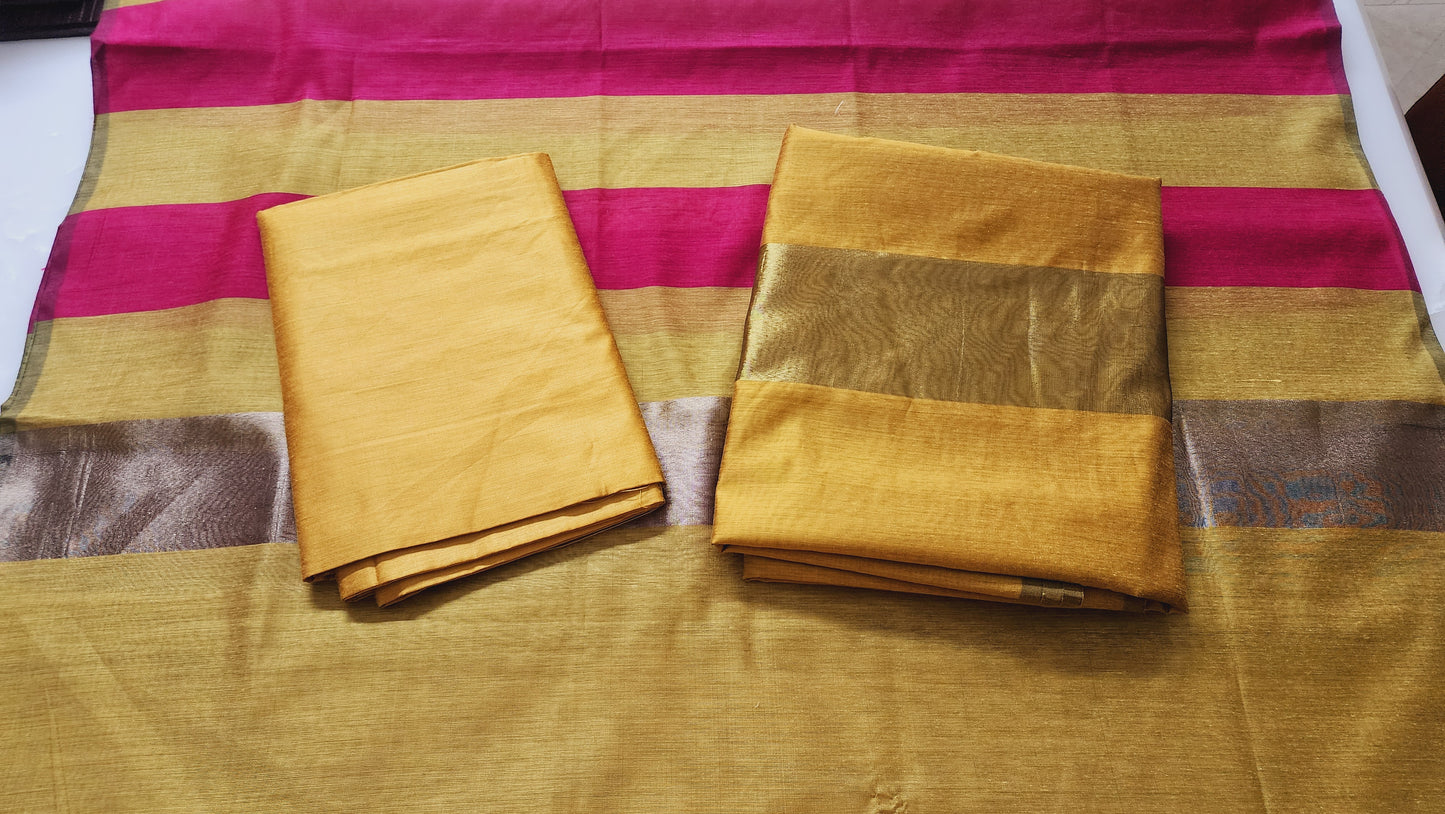 Mustard Yellow & Magenta Chanderi Cotton Kurta Set With Golden Zari Border