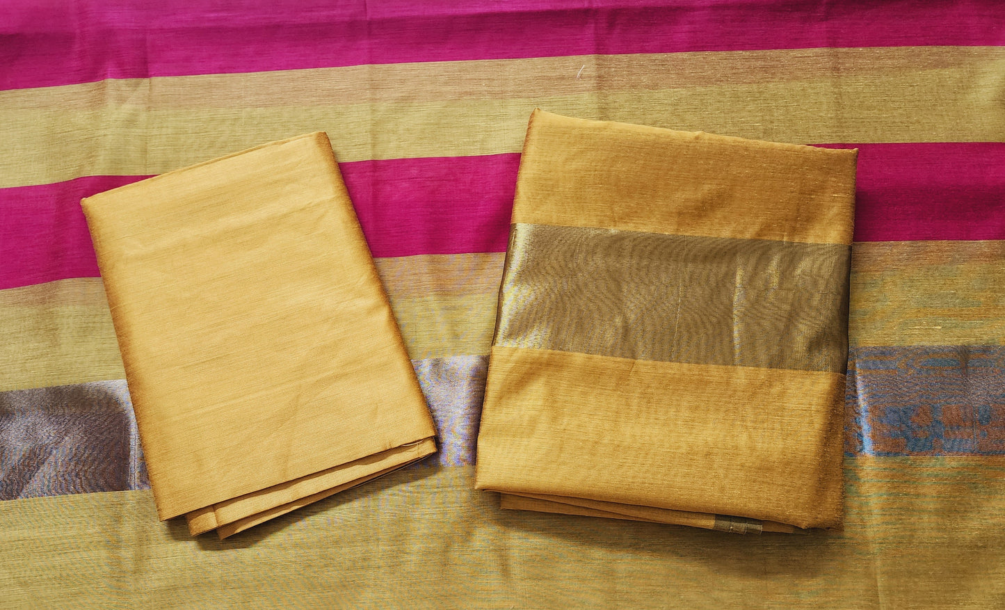 Mustard Yellow & Magenta Chanderi Cotton Kurta Set With Golden Zari Border
