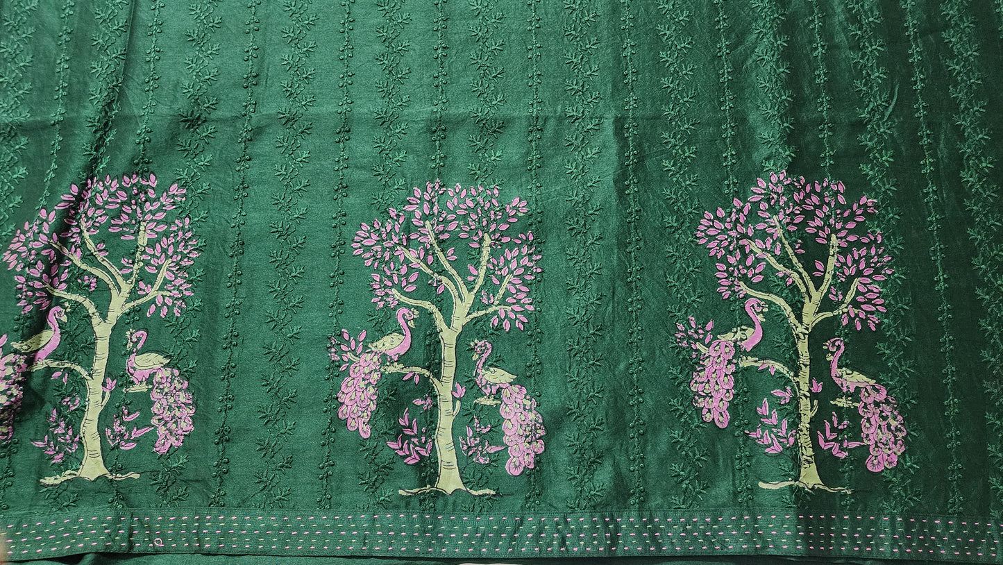 Bottle Green Maheshwari Self Design Kurta Set With Peacock Handblocked Design