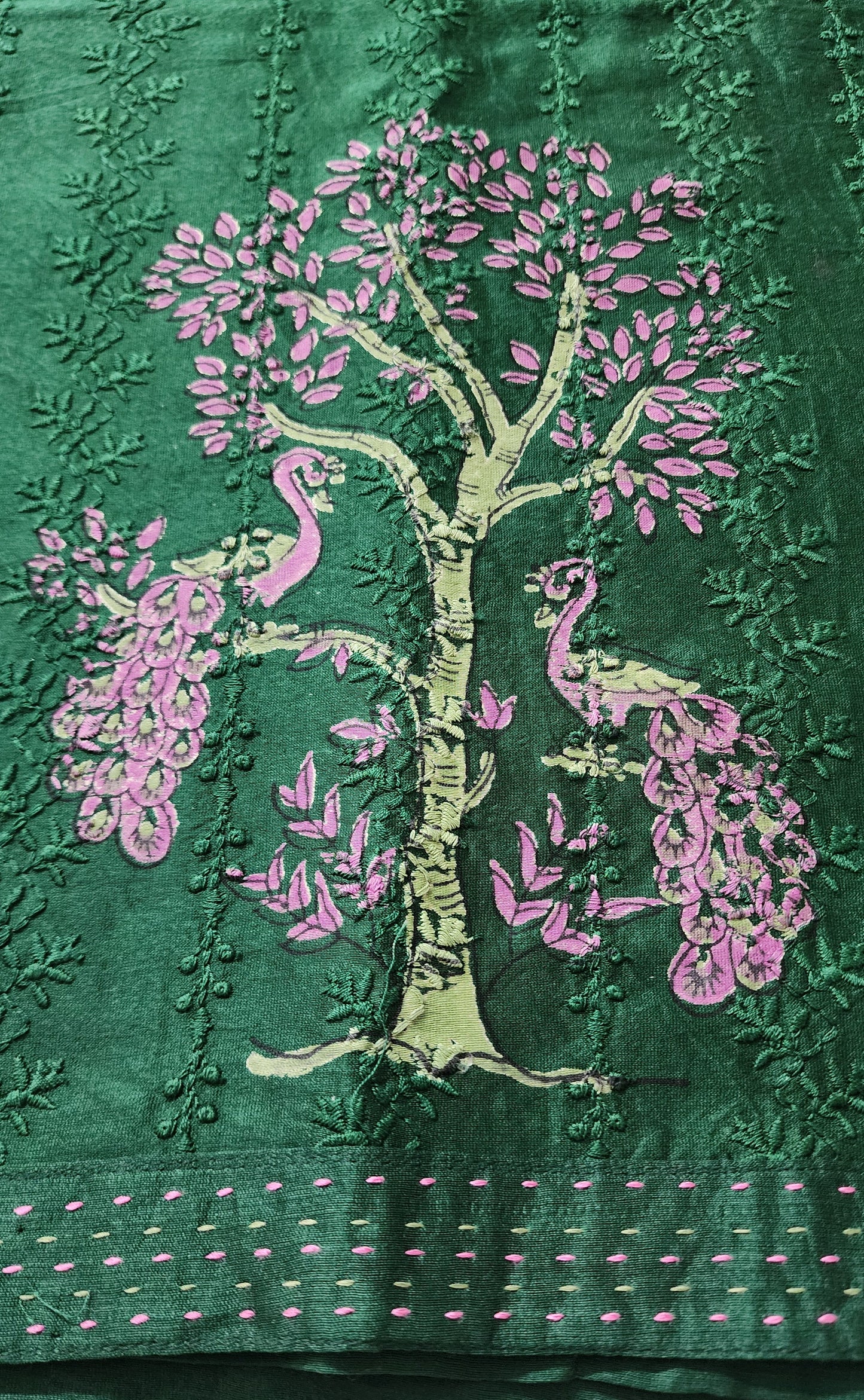 Bottle Green Maheshwari Self Design Kurta Set With Peacock Handblocked Design