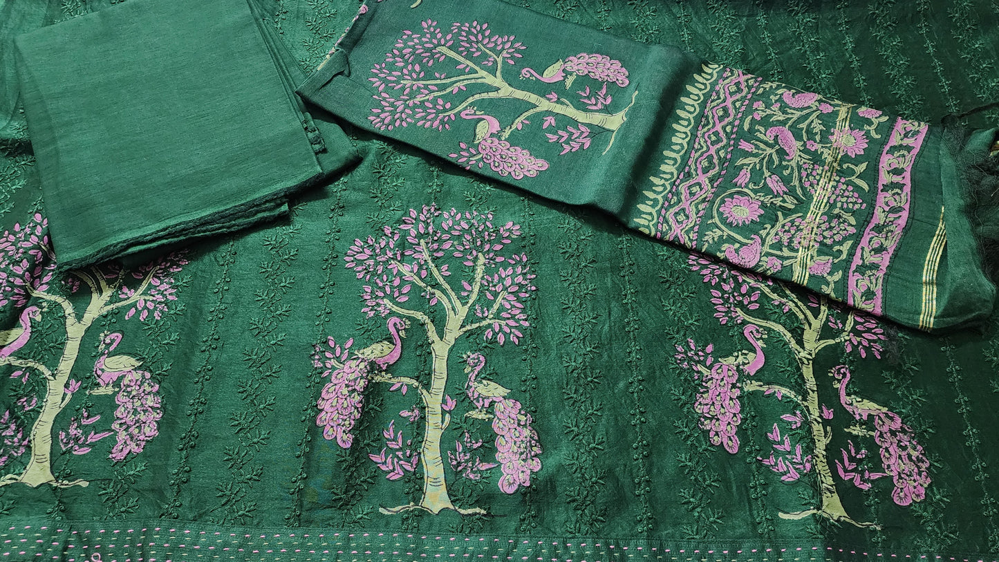 Bottle Green Maheshwari Self Design Kurta Set With Peacock Handblocked Design
