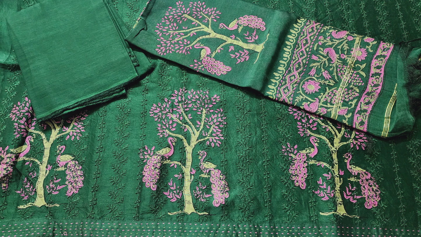 Bottle Green Maheshwari Self Design Kurta Set With Peacock Handblocked Design