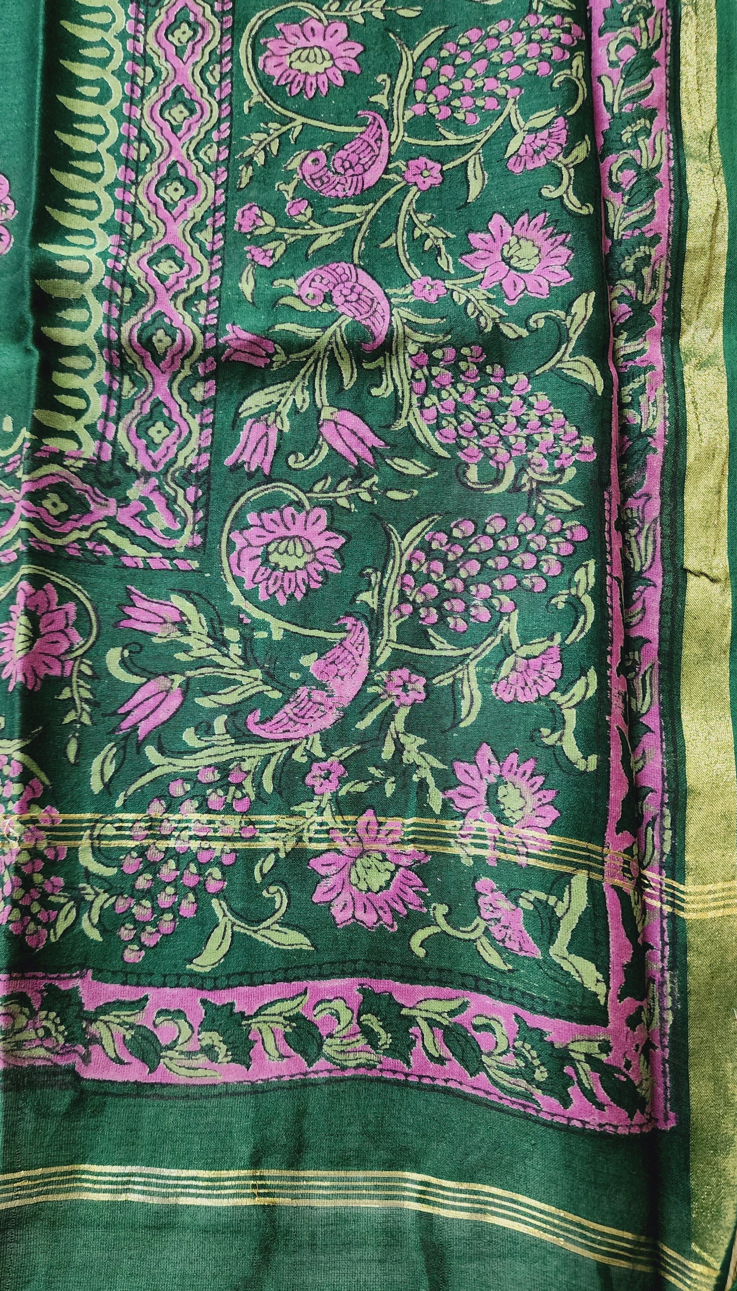 Bottle Green Maheshwari Self Design Kurta Set With Peacock Handblocked Design