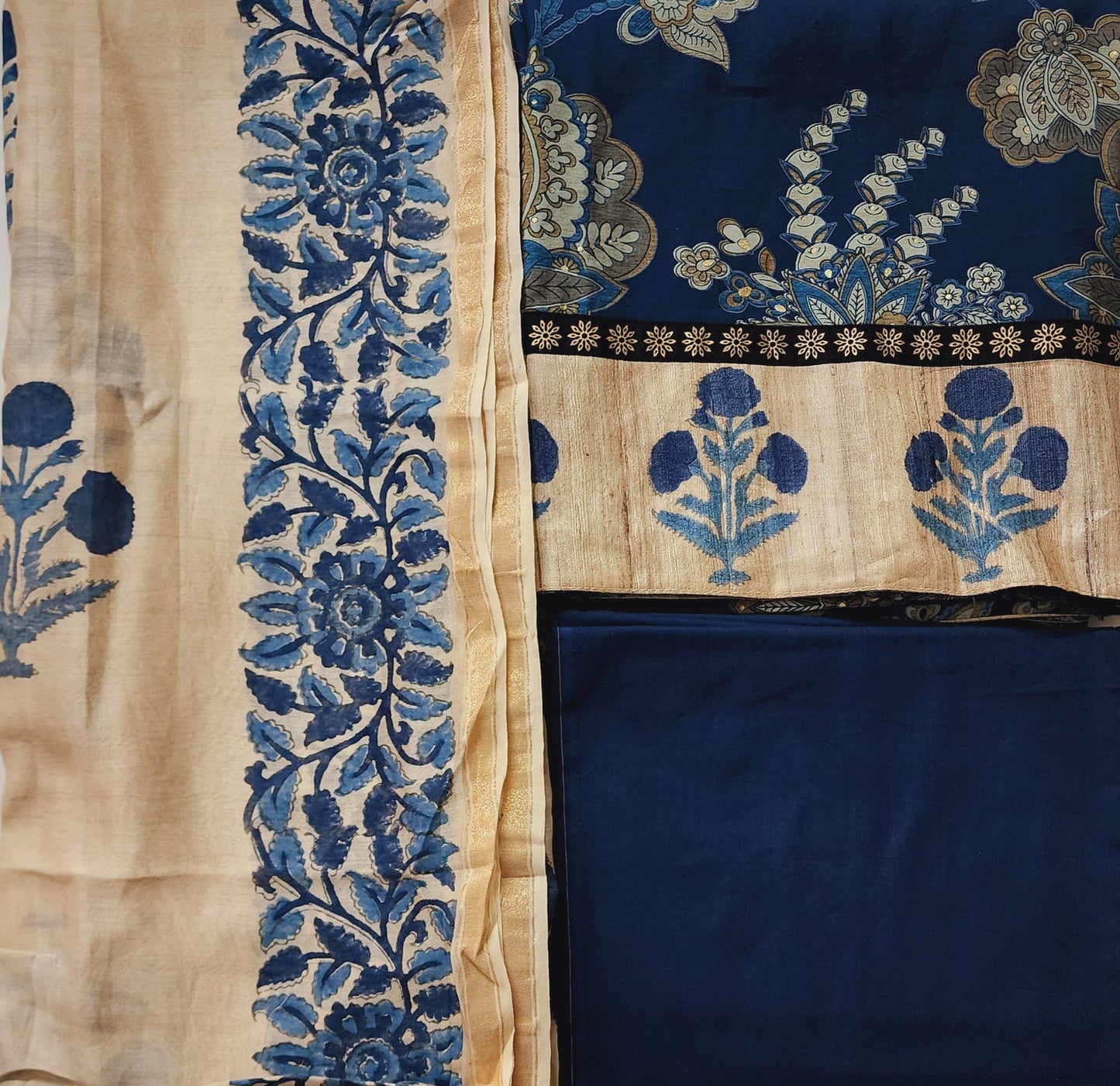 Teal Blue & Beige Muslin Kurta Set With Maheshwari Handblock Dupatta