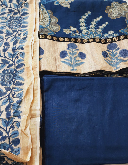 Teal Blue & Beige Muslin Kurta Set With Maheshwari Handblock Dupatta