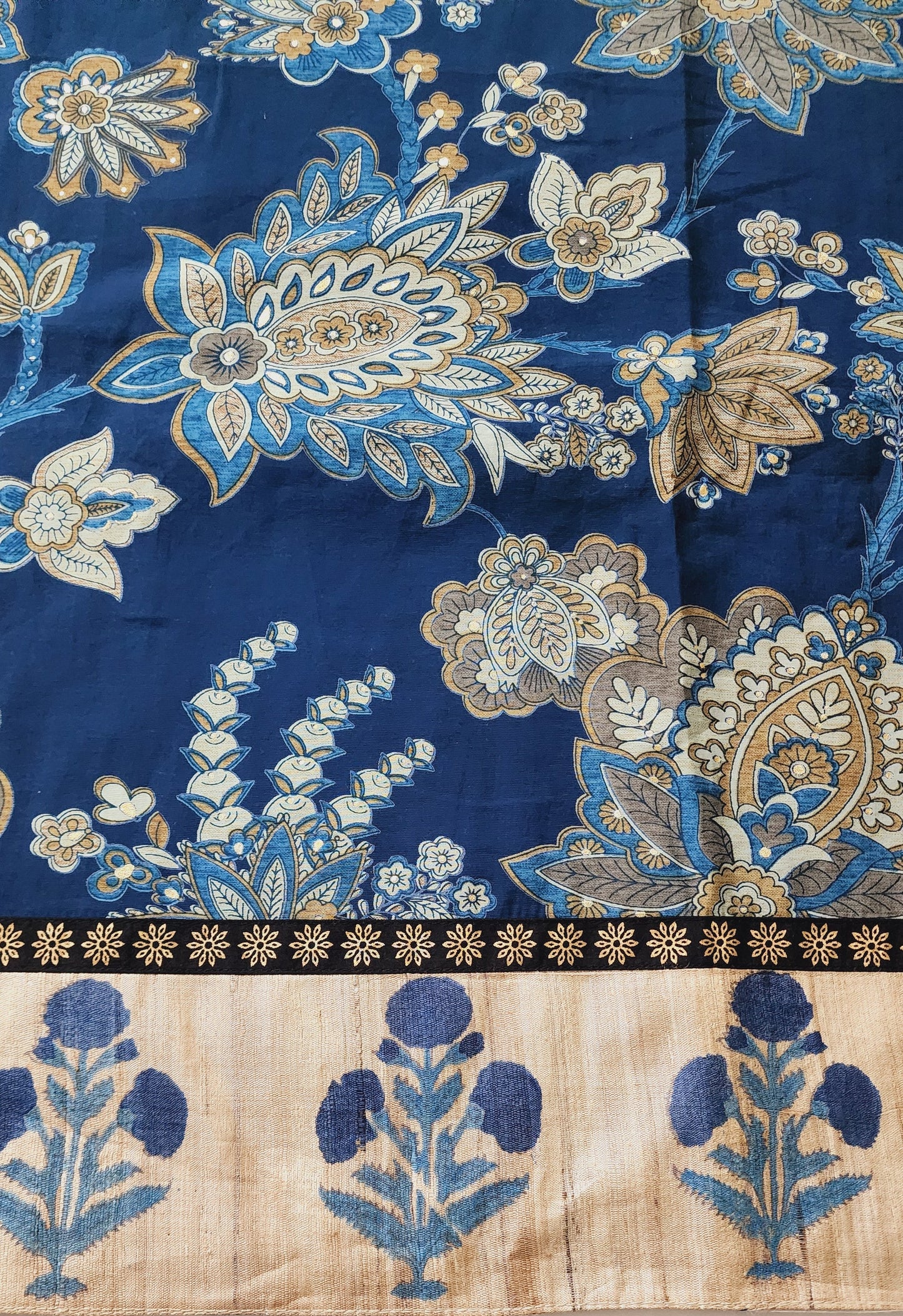 Teal Blue & Beige Muslin Kurta Set With Maheshwari Handblock Dupatta