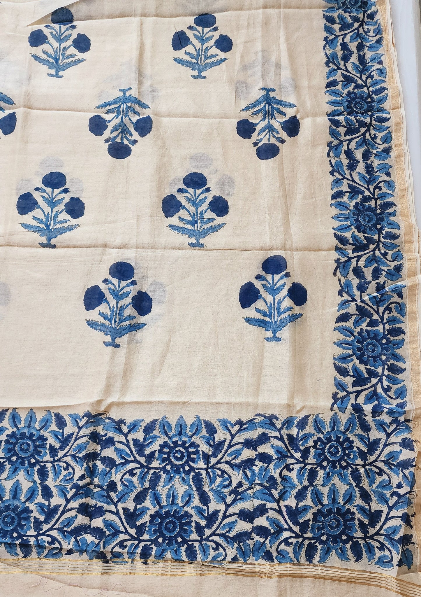 Teal Blue & Beige Muslin Kurta Set With Maheshwari Handblock Dupatta