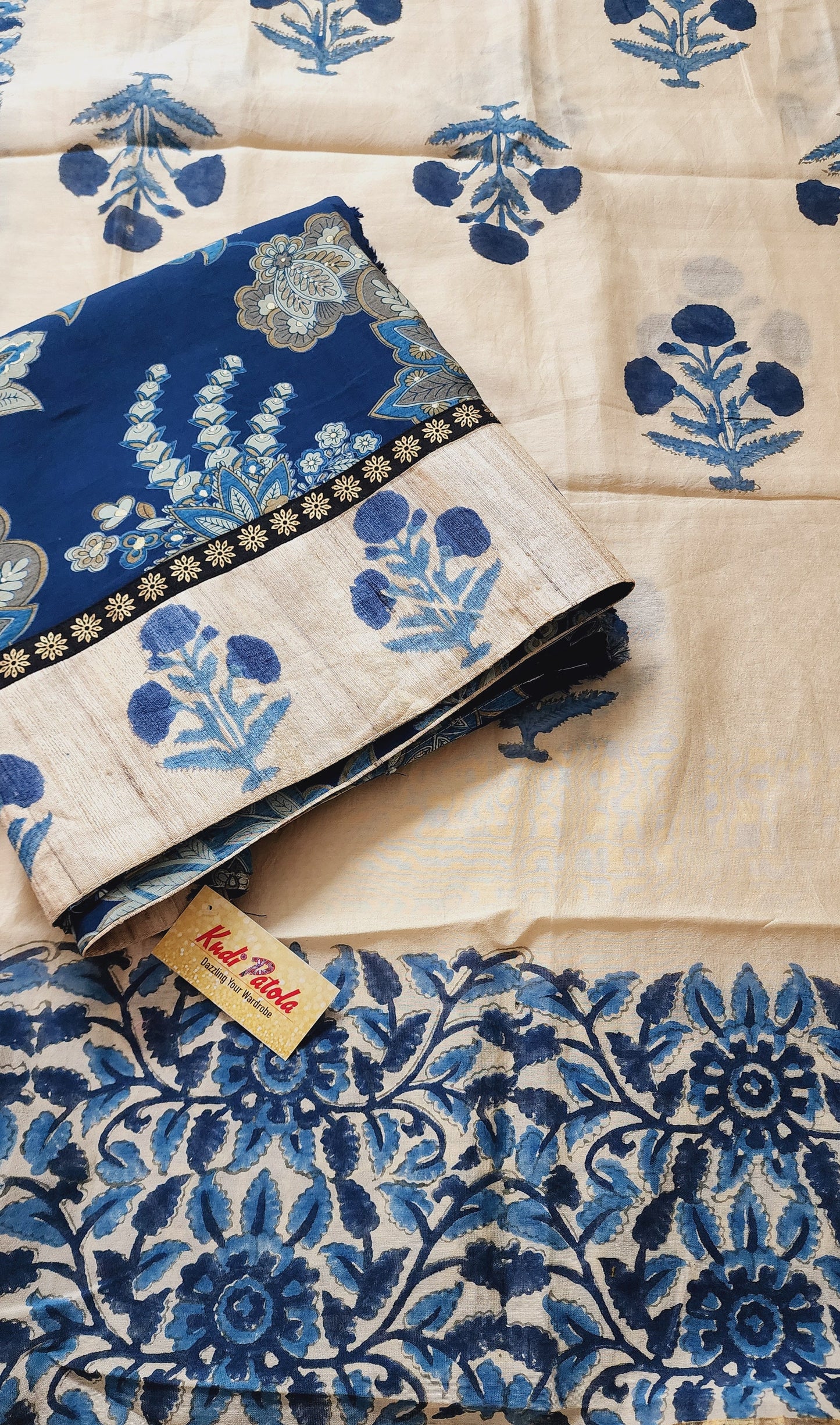 Teal Blue & Beige Muslin Kurta Set With Maheshwari Handblock Dupatta