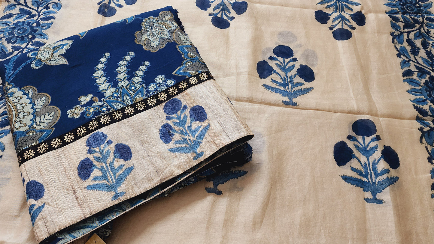 Teal Blue & Beige Muslin Kurta Set With Maheshwari Handblock Dupatta