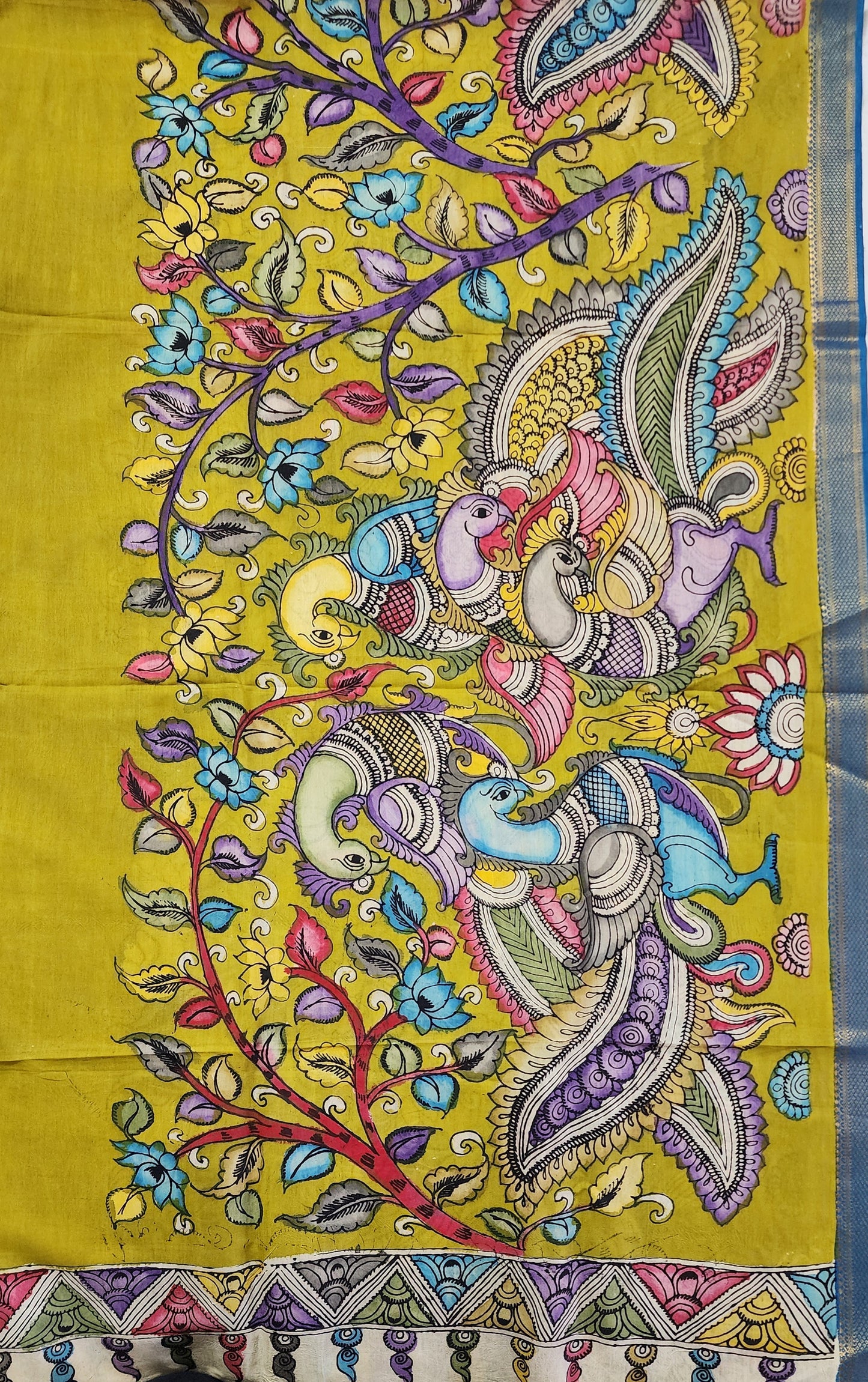 Bright Green Hand-Painted Kalamkari Cotton Dupatta with Multicolor Peacock Motifs & Zari Border