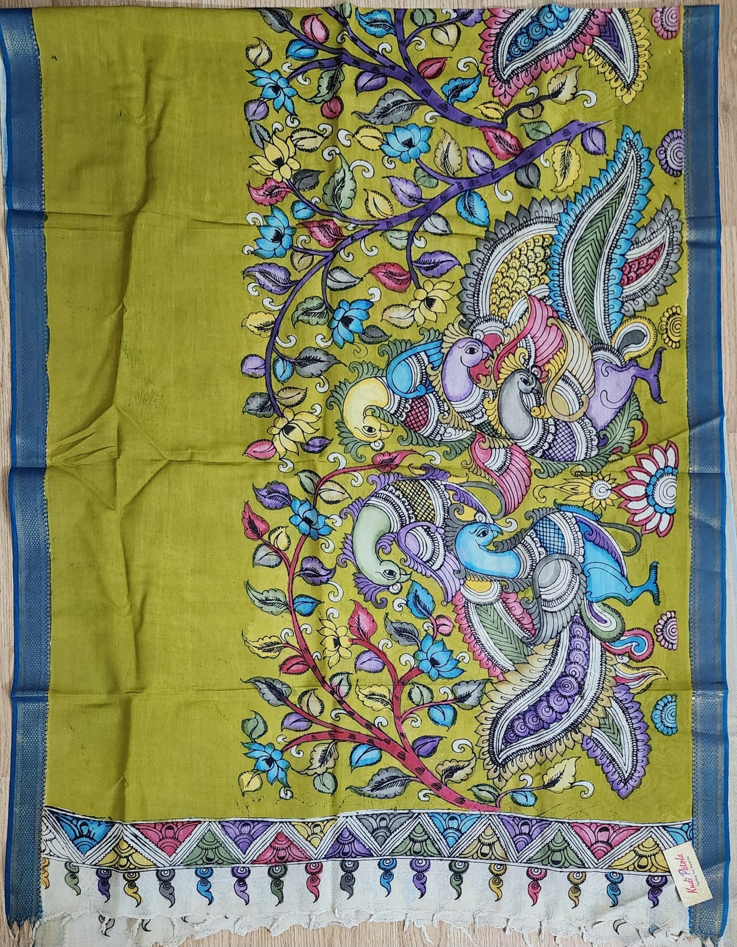 Bright Green Hand-Painted Kalamkari Cotton Dupatta with Multicolor Peacock Motifs & Zari Border