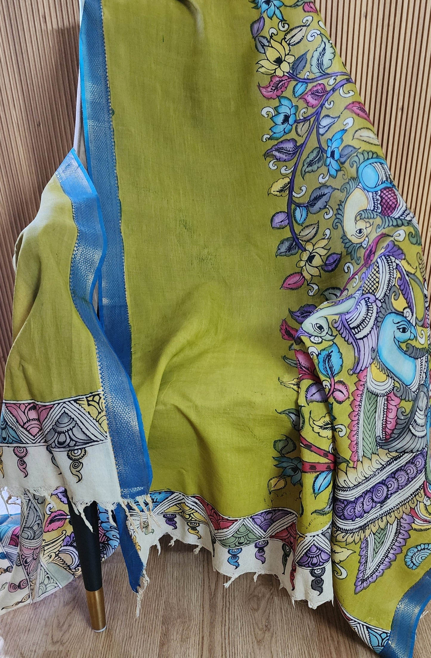 Bright Green Hand-Painted Kalamkari Cotton Dupatta with Multicolor Peacock Motifs & Zari Border