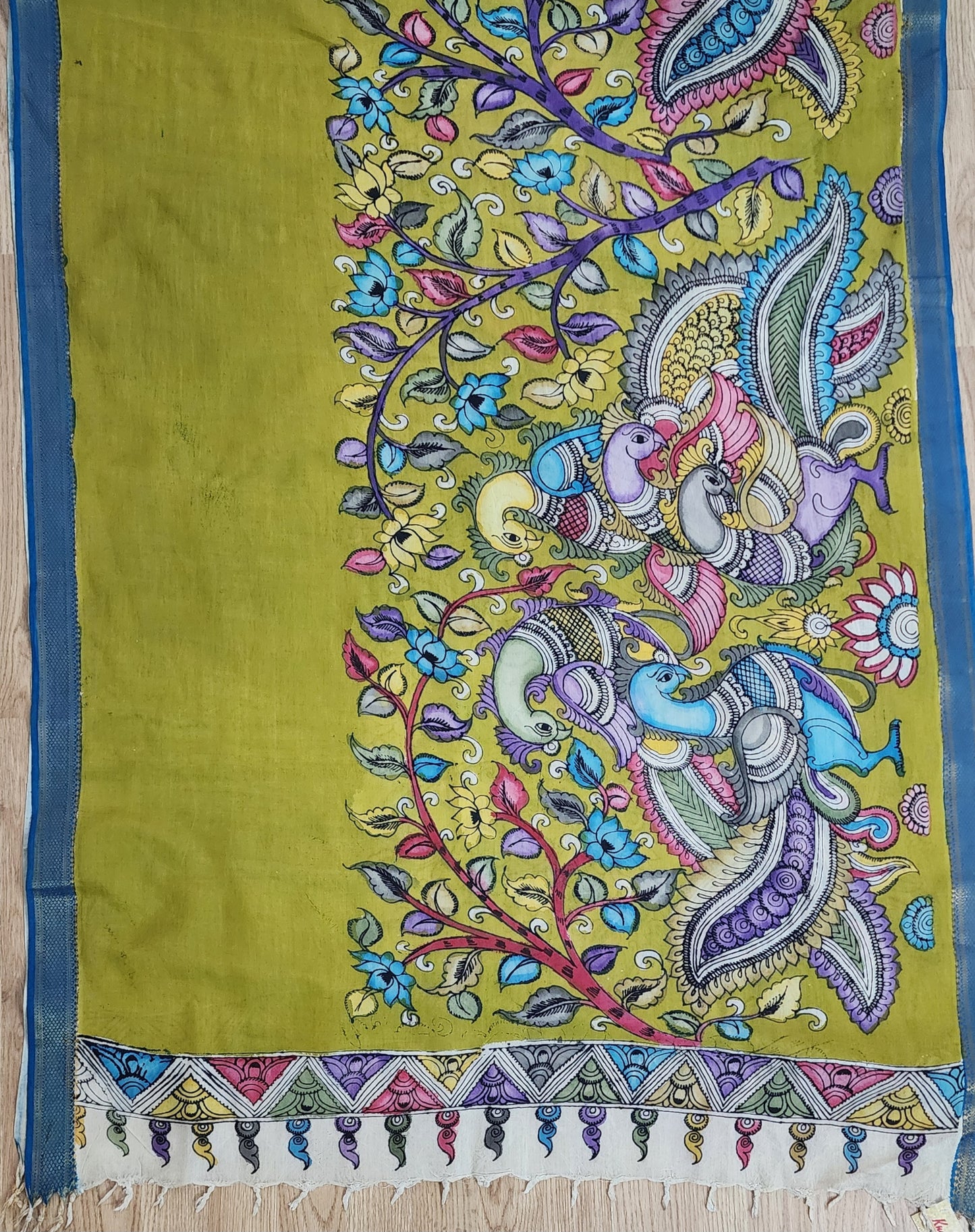 Bright Green Hand-Painted Kalamkari Cotton Dupatta with Multicolor Peacock Motifs & Zari Border