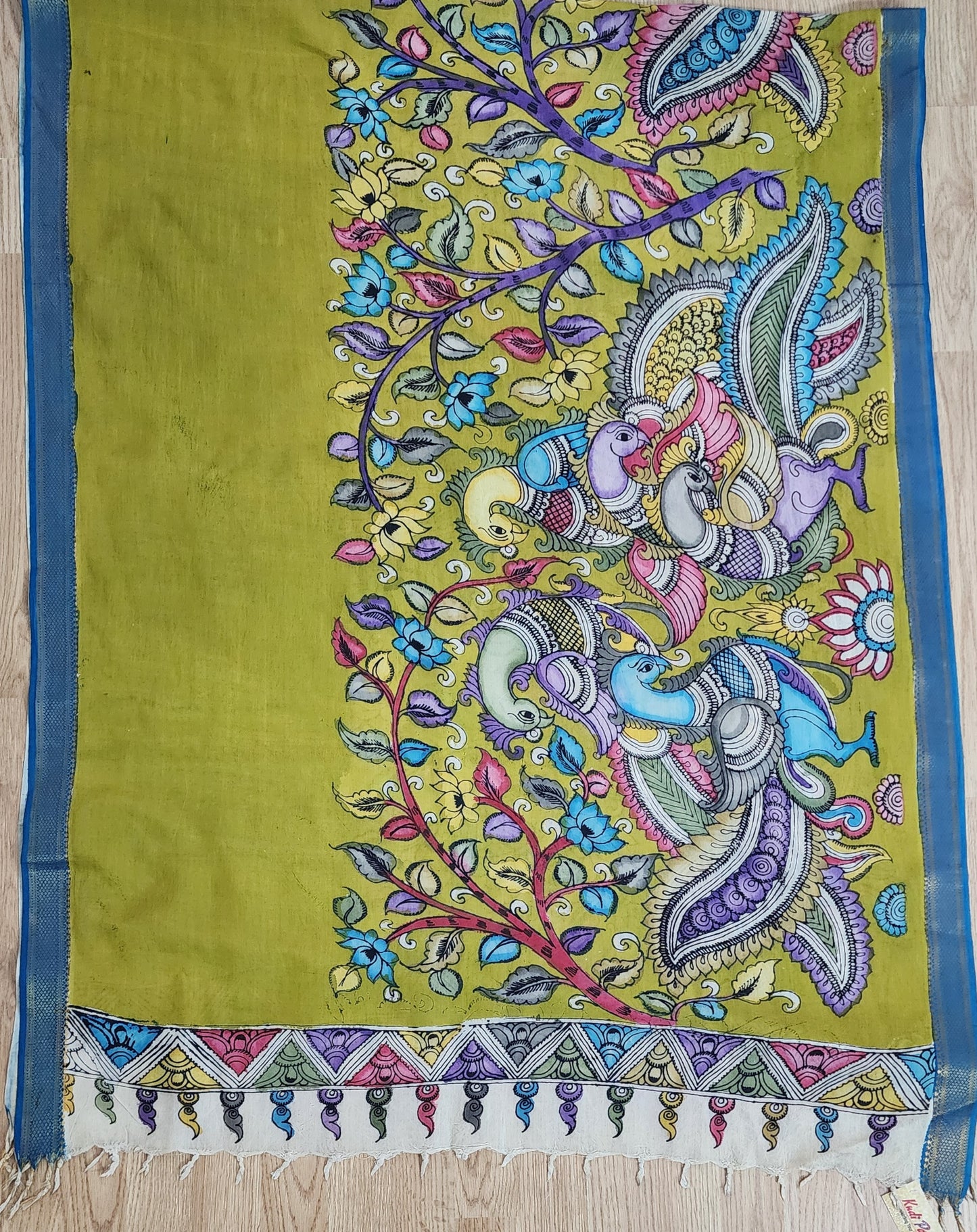 Bright Green Hand-Painted Kalamkari Cotton Dupatta with Multicolor Peacock Motifs & Zari Border