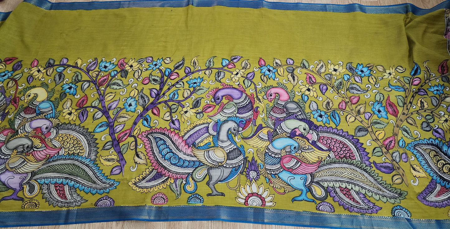 Bright Green Hand-Painted Kalamkari Cotton Dupatta with Multicolor Peacock Motifs & Zari Border