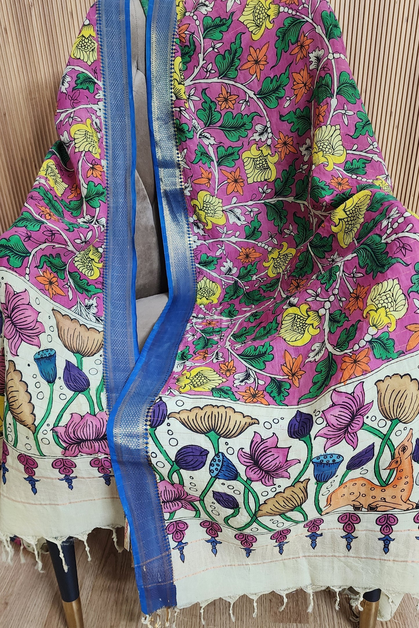 Pink Multi Colored Floral Hand painted Kalamkari Cotton Dupatta With Zari Border