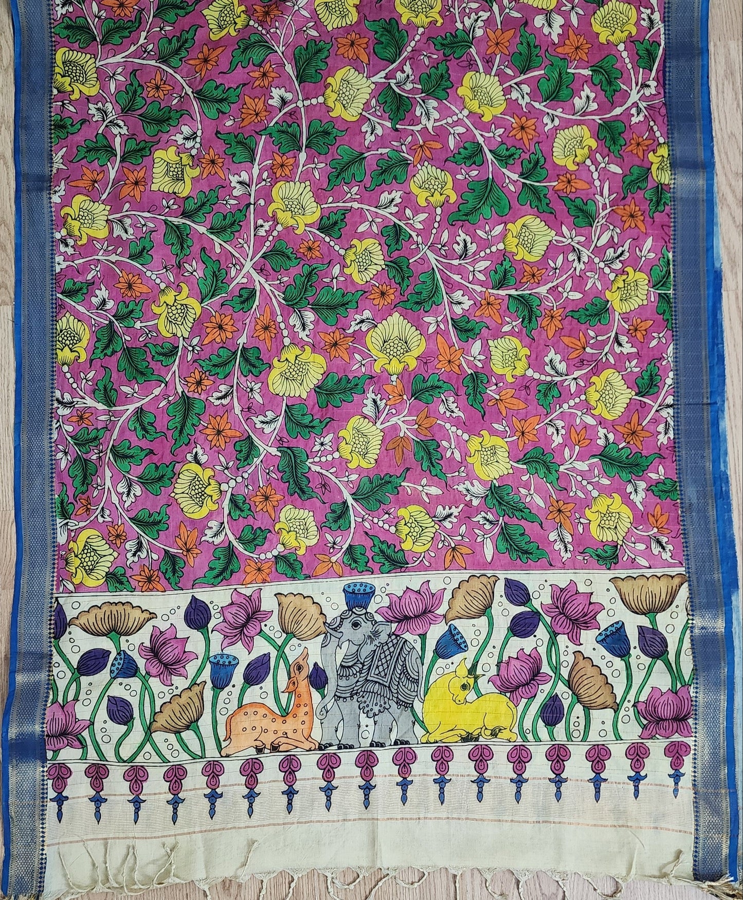 Pink Multi Colored Floral Hand painted Kalamkari Cotton Dupatta With Zari Border