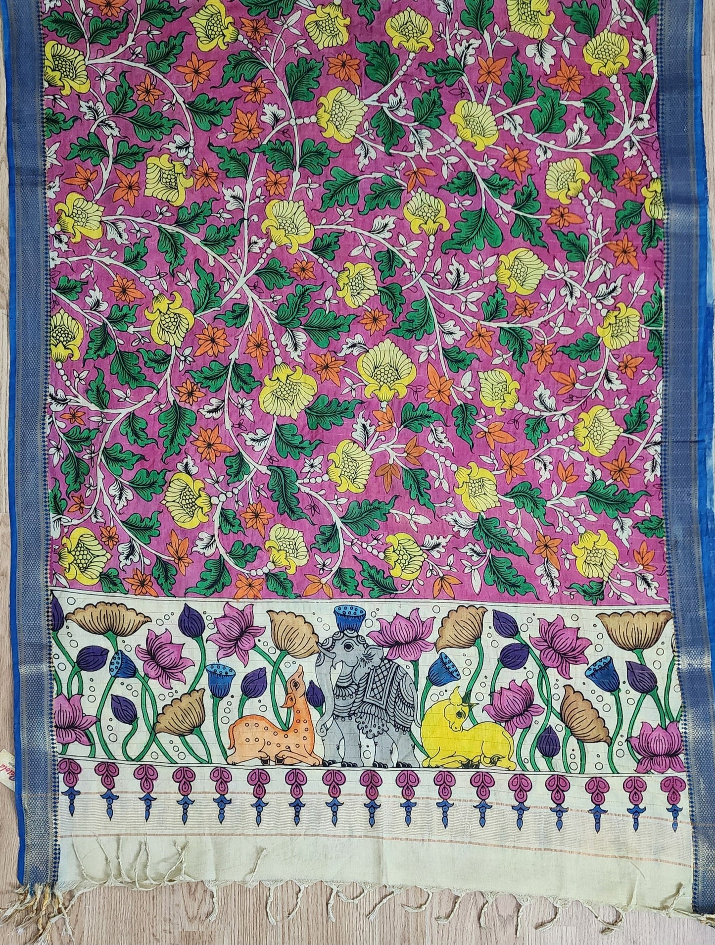 Pink Multi Colored Floral Hand painted Kalamkari Cotton Dupatta With Zari Border