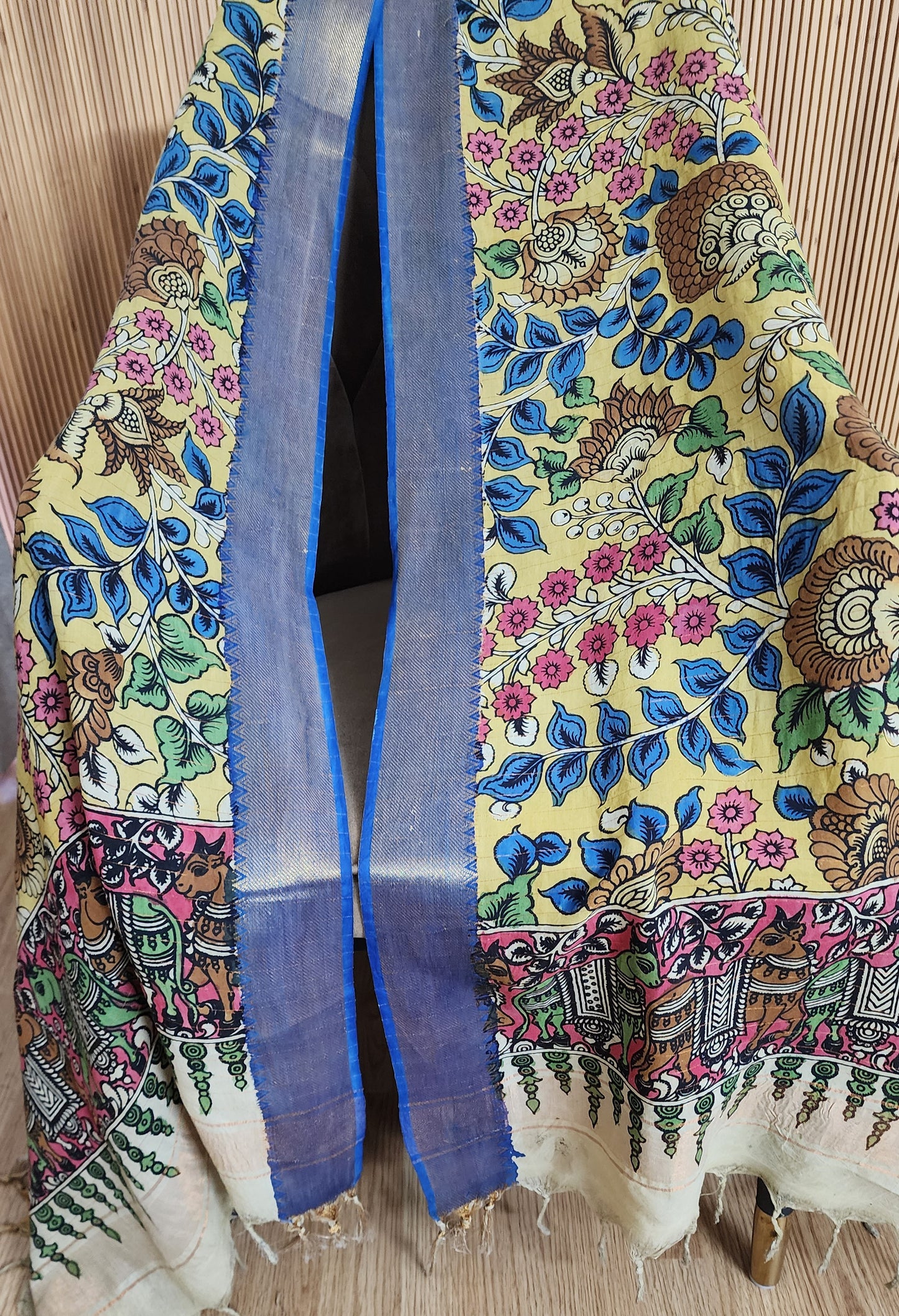 Yellow & Blue Handpainted Kalamkari Dupatta