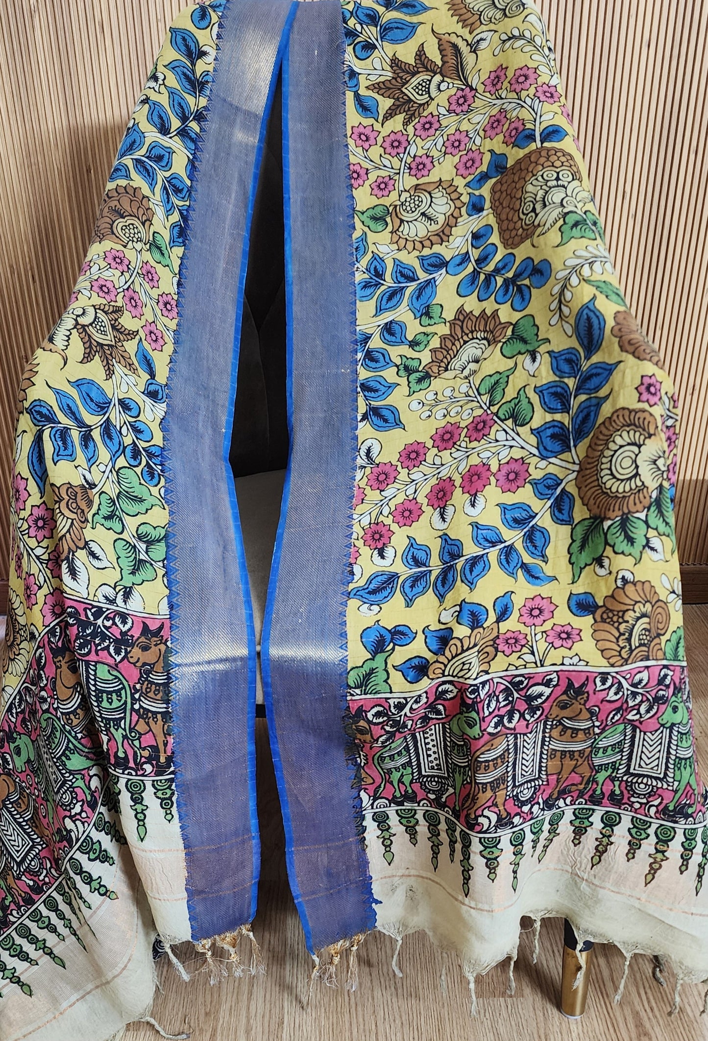 Yellow & Blue Handpainted Kalamkari Dupatta
