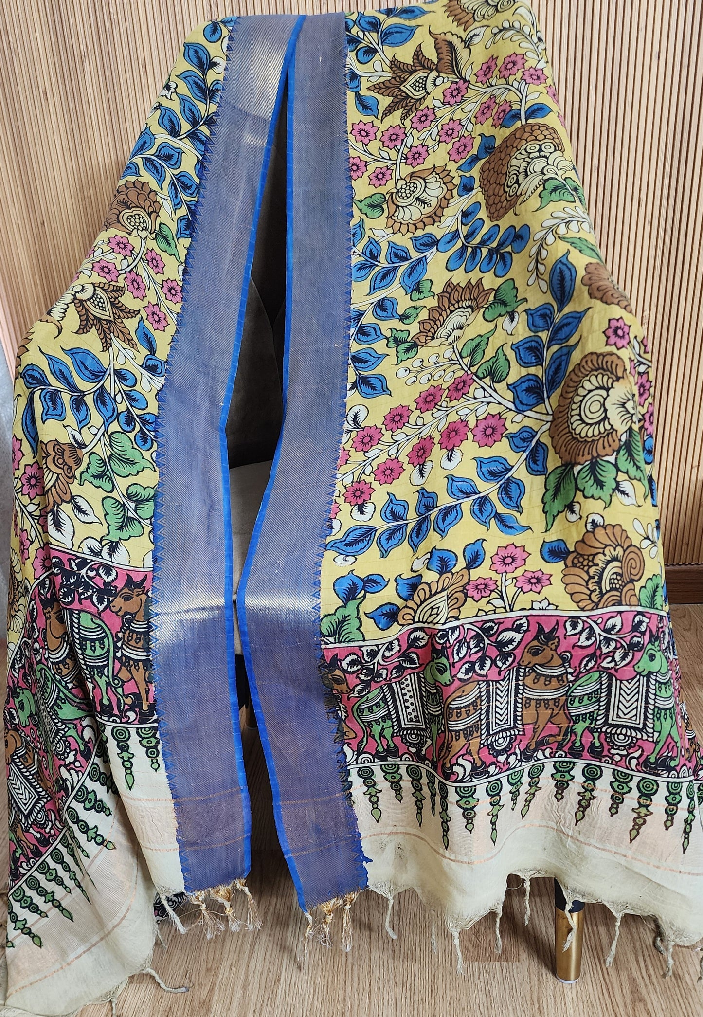 Yellow & Blue Handpainted Kalamkari Dupatta