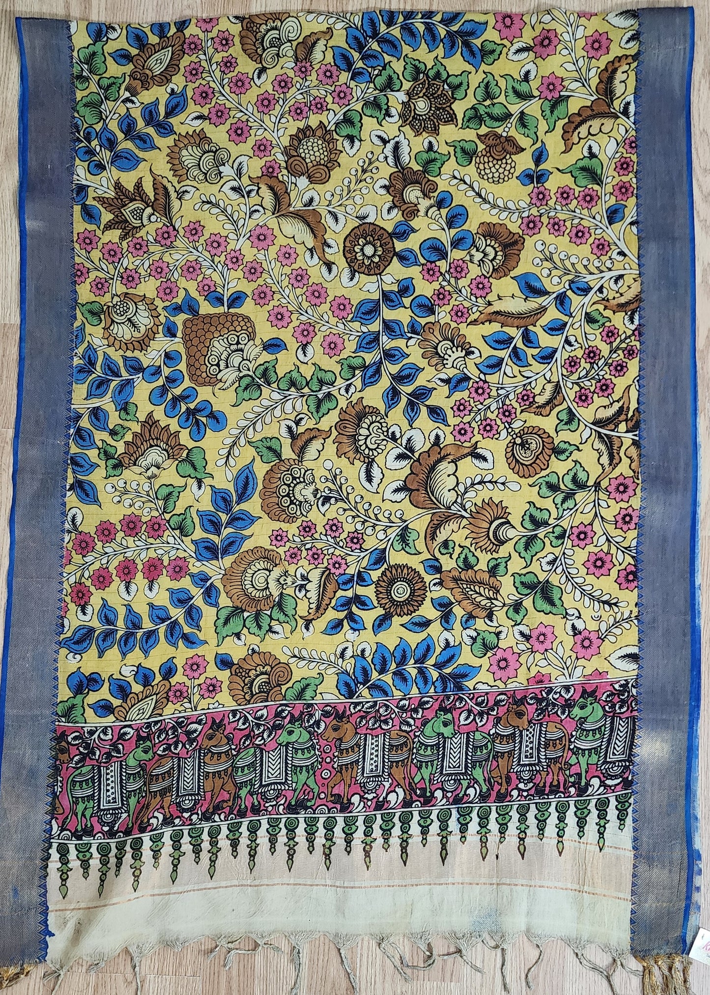 Yellow & Blue Handpainted Kalamkari Dupatta