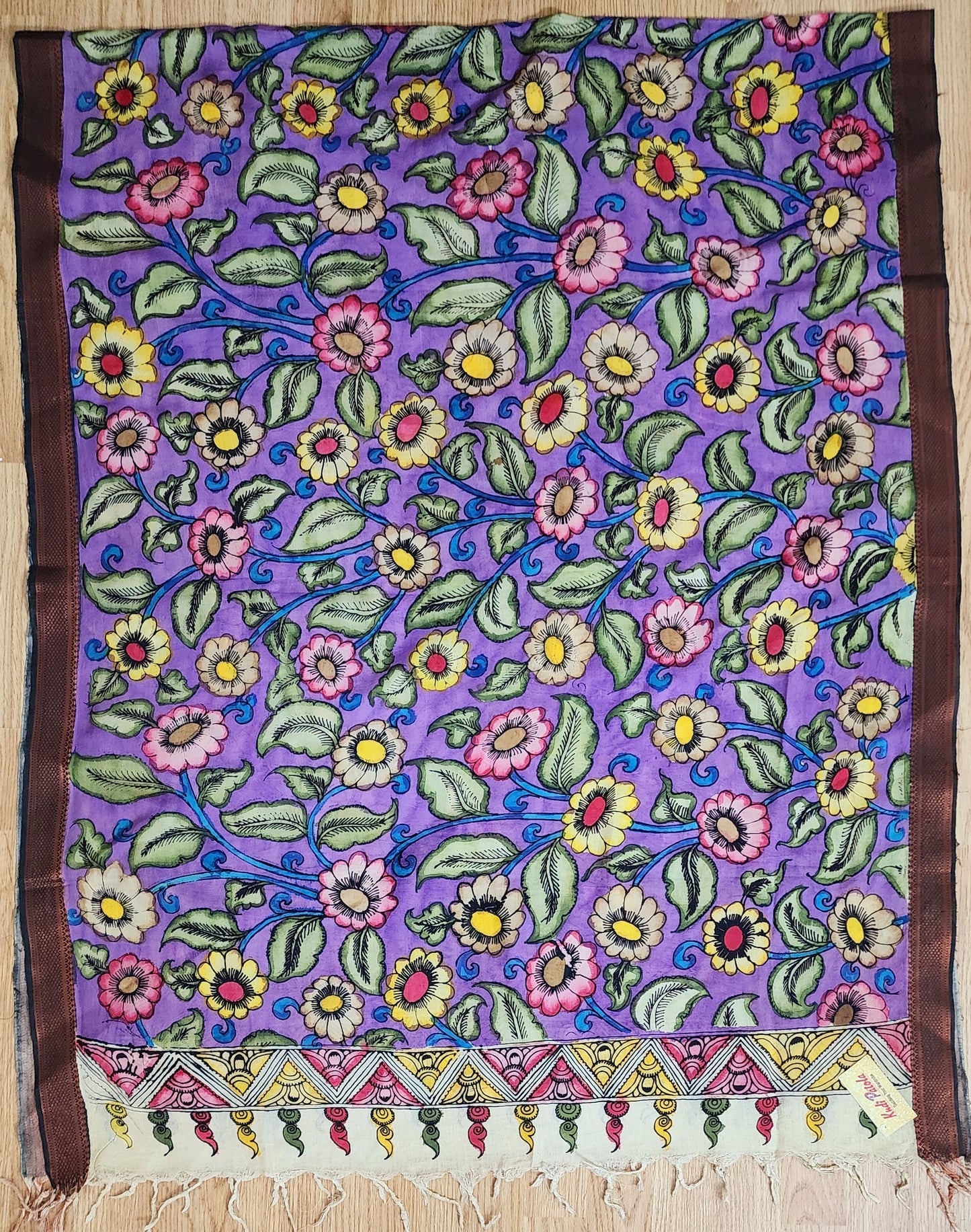 Purple Multi Colored Floral Hand painted Kalamkari Cotton Dupatta With Zari Border