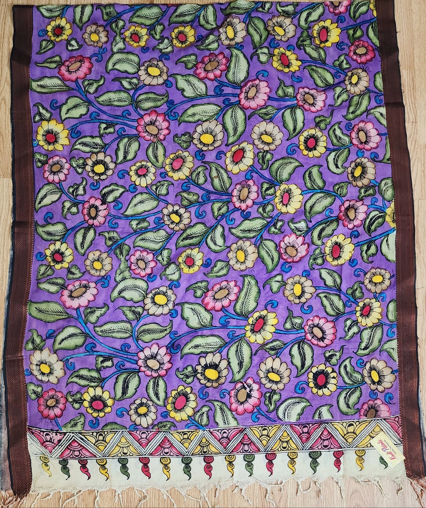 Purple Multi Colored Floral Hand painted Kalamkari Cotton Dupatta With Zari Border