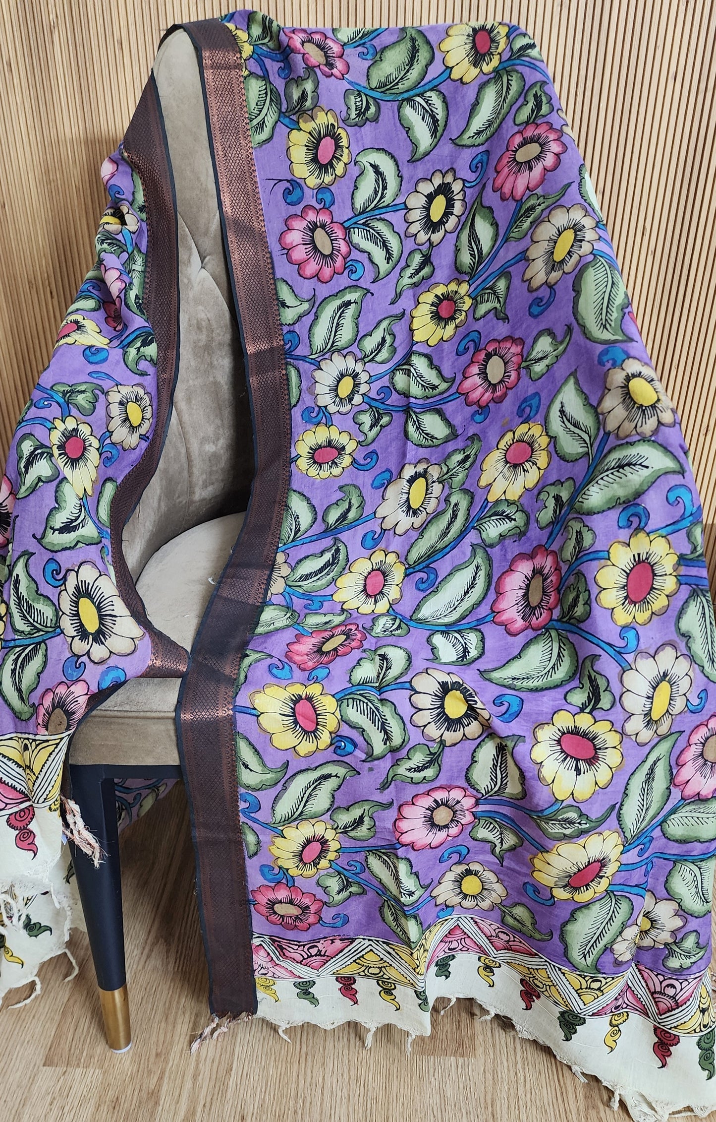 Purple Multi Colored Floral Hand painted Kalamkari Cotton Dupatta With Zari Border