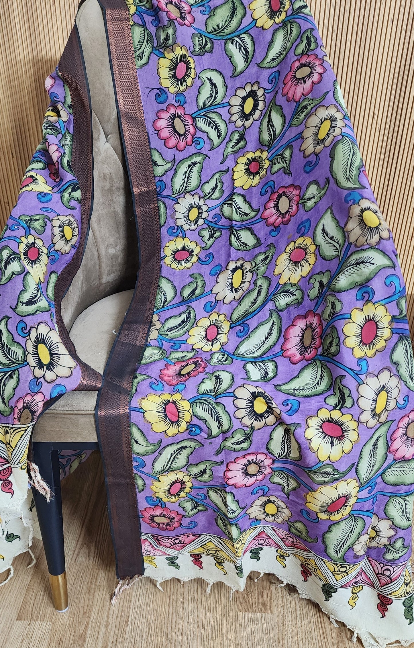 Purple Multi Colored Floral Hand painted Kalamkari Cotton Dupatta With Zari Border